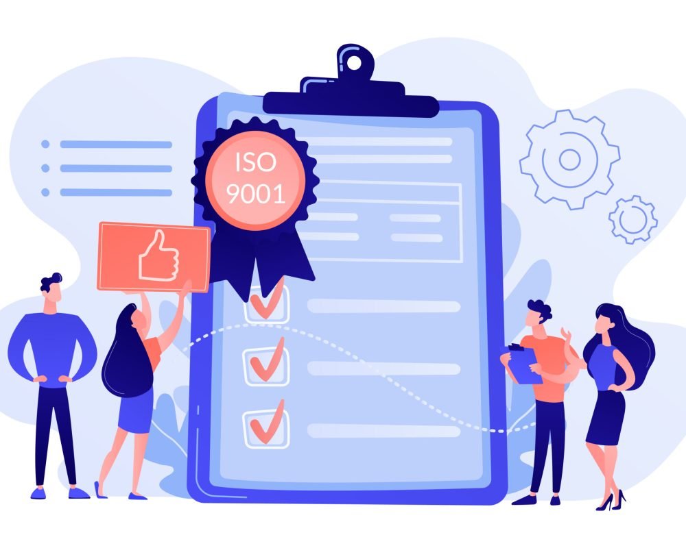 Standard for quality control concept vector illustration. Tiny business people like standard for quality control. Standard for quality control, ISO 9001 standard, international certification concept. Pink coral blue vector isolated illustration