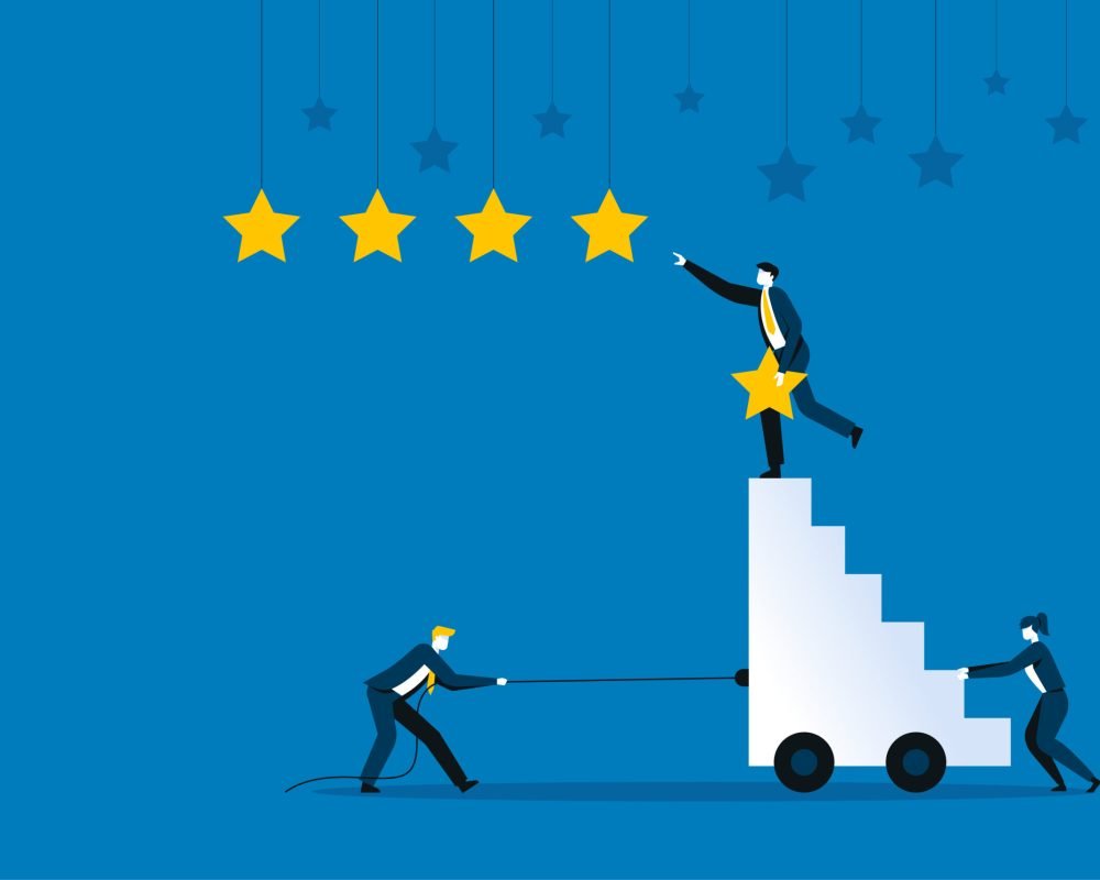 Successful businessman and his target go to new business 5 star Successful businessman and his target go to new business 5 star company. Business concept flat vector illustration