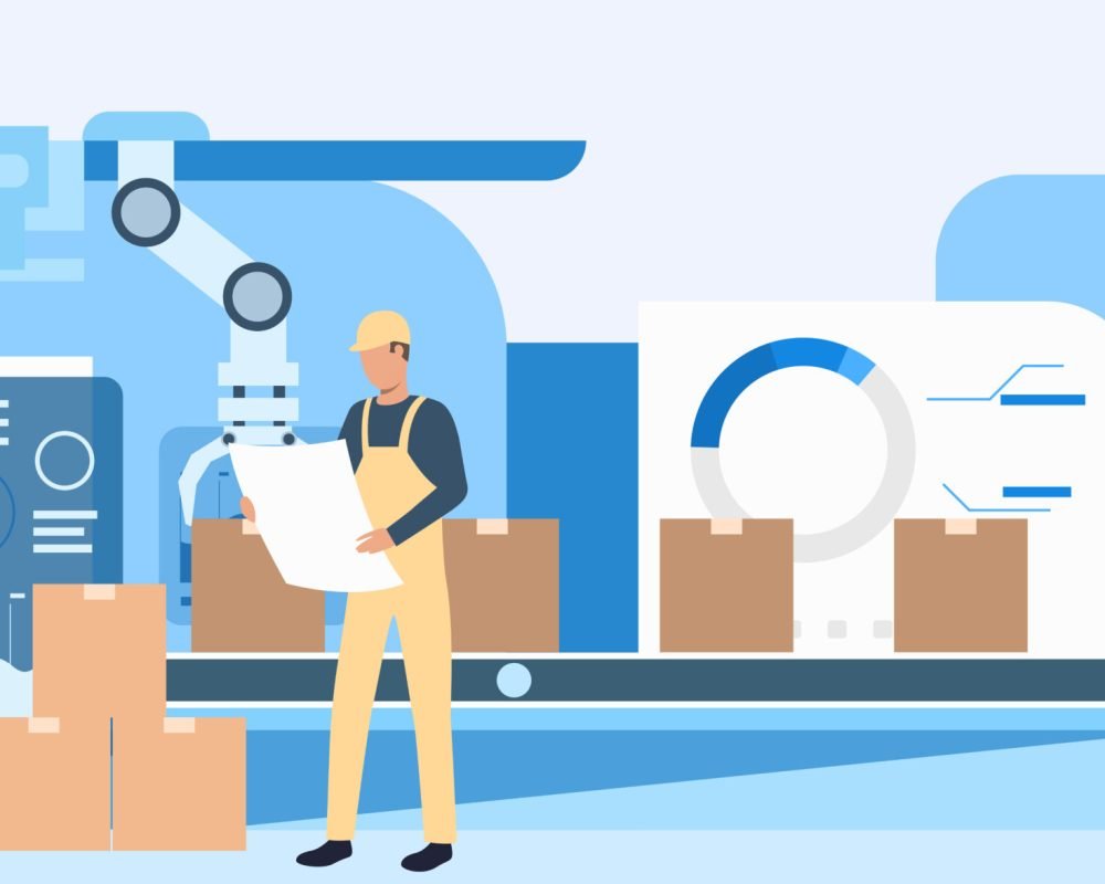 People working at factory landing pages People working at factory landing pages. Operational workers, conveyor belt, assembly line. Industry concept. Vector illustration for topics like production, machine, blue color