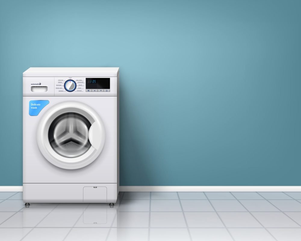 Realistic Washing Machine Background Realistic background with modern washing machine in empty laundry room vector illustration