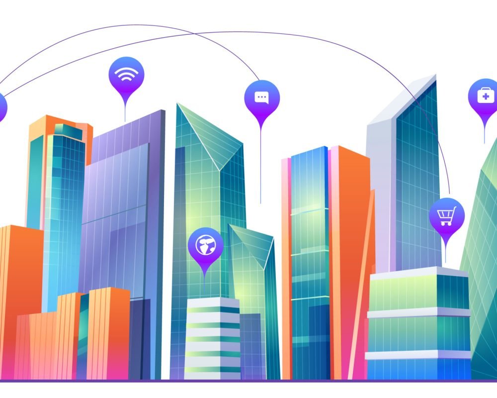 Smart city with wireless communication technology Smart city with wireless communication technology and Internet of things. Vector cartoon cityscape with skyscrapers and infographic icons of media, hospital and shop. Digital infrastructure in town